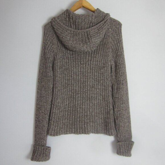 J Crew Womens XL Brown White Marled Cotton 2 Way Zip LS Hooded Cardigan Sweater - Picture 2 of 9